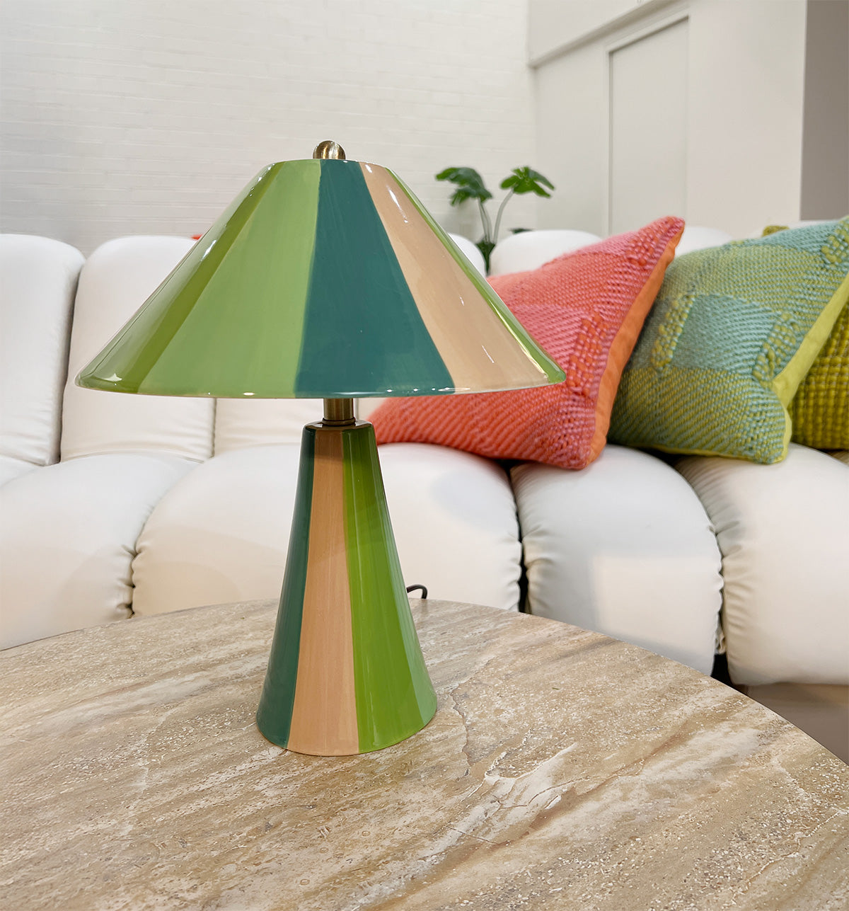 Salvador Green Table Lamp, front view, soft striped shade