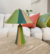 Salvador Green Table Lamp, front view, soft striped shade