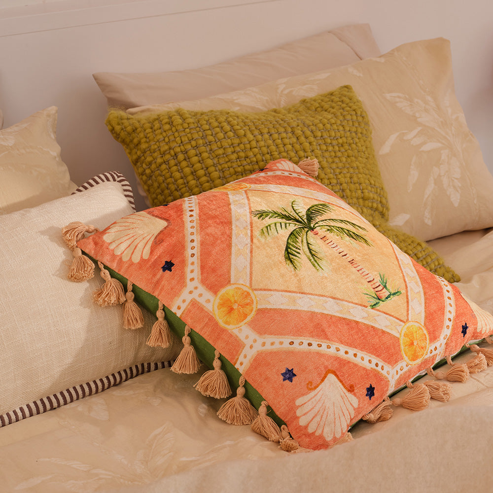 Green Velvet 50x50cm Cushion on bed in bedroom setting