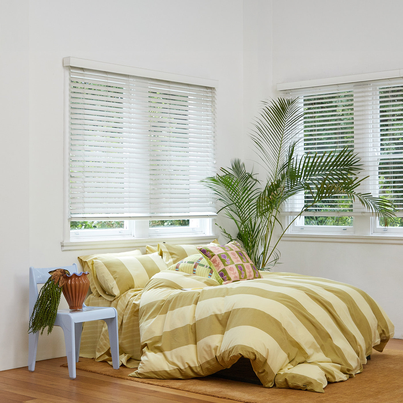 Breeze Lime Quilt Cover Set, lime green striped quilt with pillowcases, front view