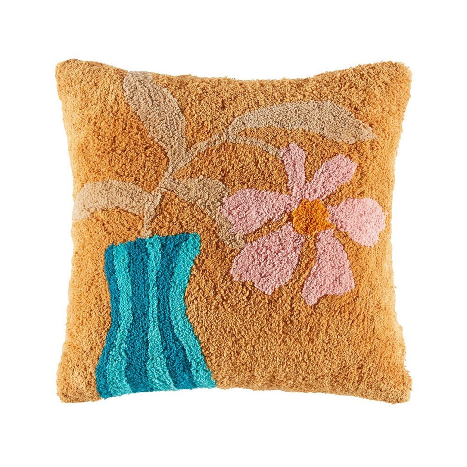 Paco Multi Cushion, vibrant floral pattern, turquoise vase on golden ochre background