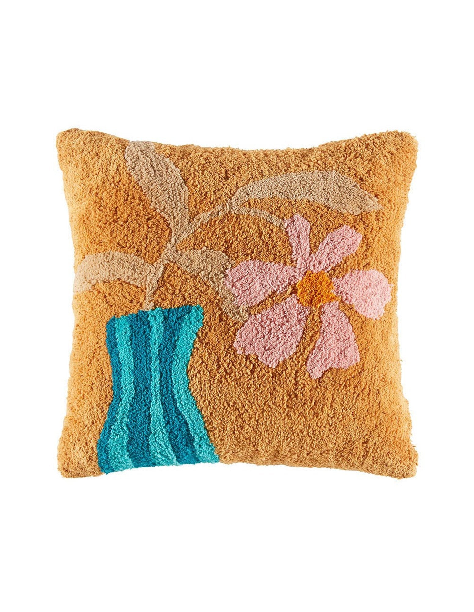 Paco Multi Cushion, vibrant floral pattern, turquoise vase on golden ochre background
